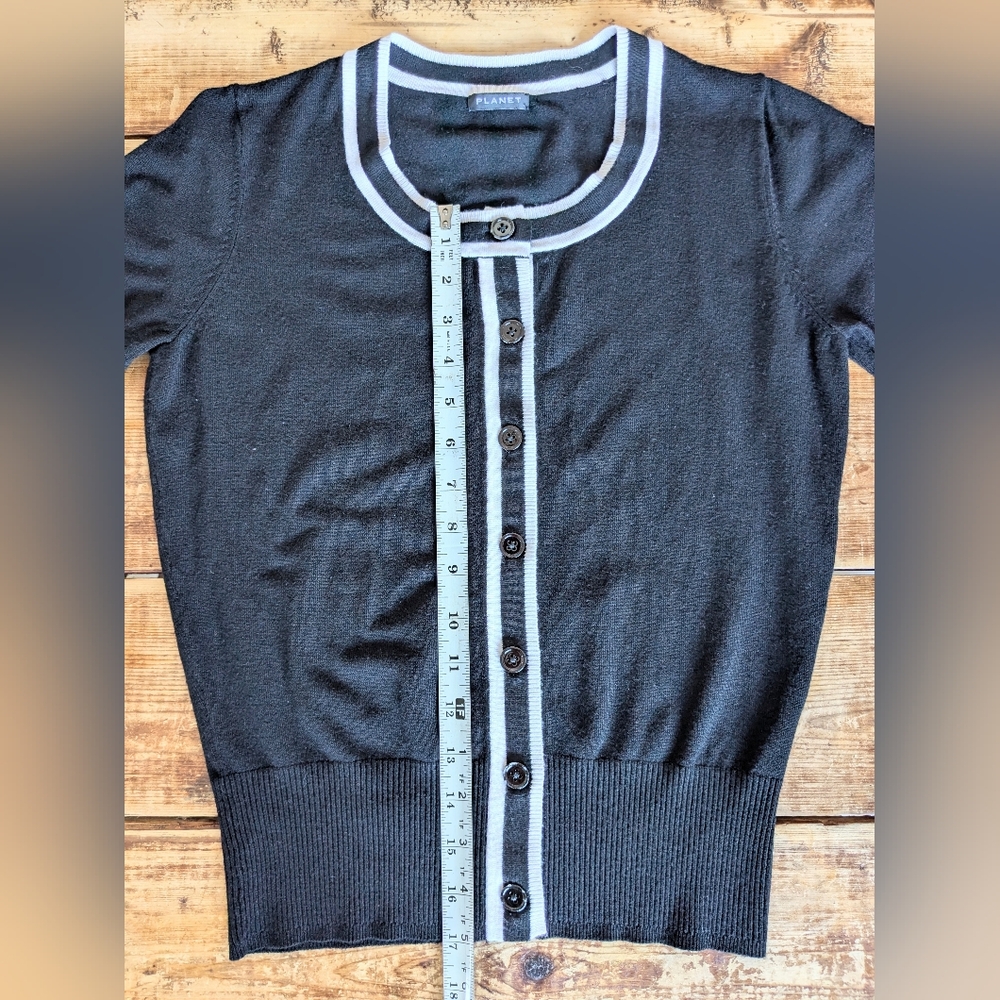PLANET Black Contrast Trim Cardigan | Button Front Knit Sweater